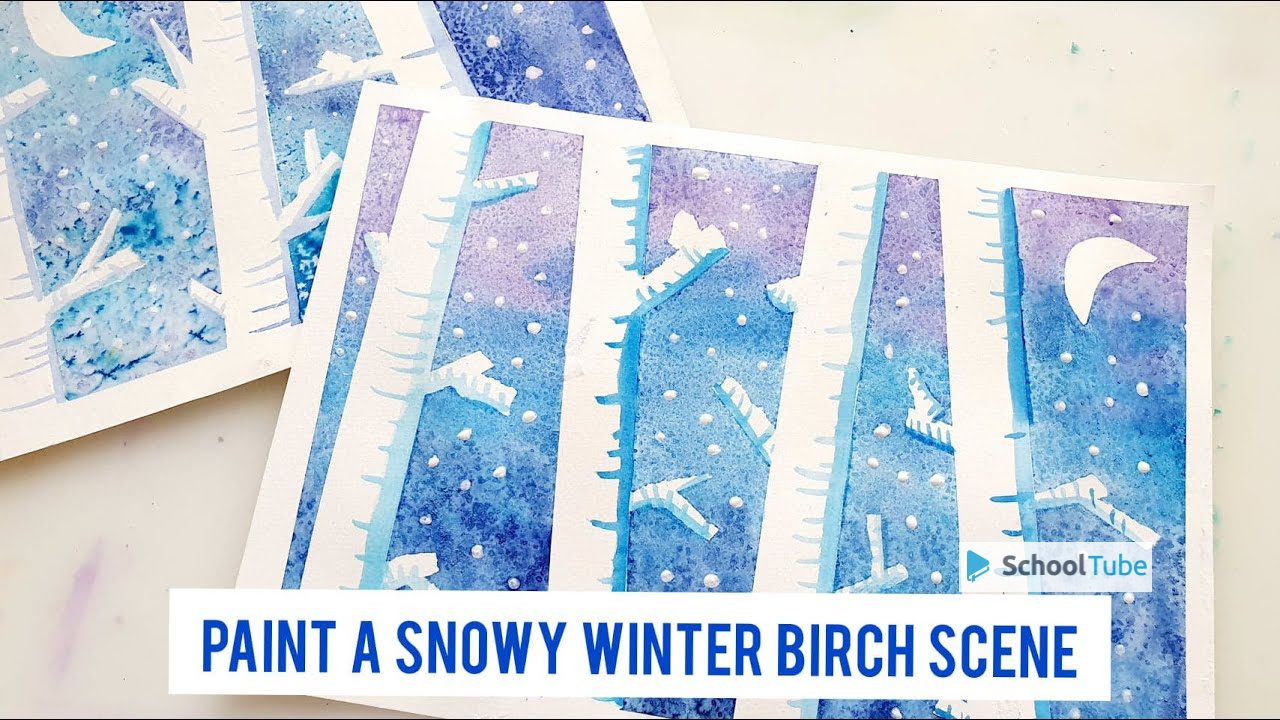 Snowy Winter Birch Trees Art Lesson For Kids